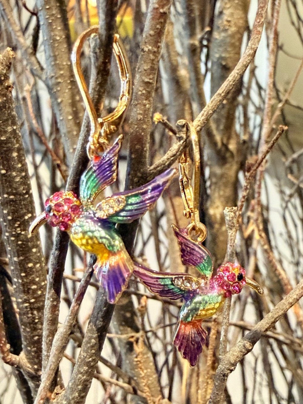 Hummingbird Multicolor Drop Earrings - Vibrant Enamel & Crystal Accent - Picture 3 of 7